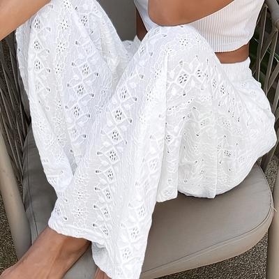 TEMU Women's High-waist Stretchy Cutout Casual Pants - White, Relaxed Fit, Eyelet Lace Design, Straight Leg, Machine Washable, Spring/fall Wear, High-waist Leggings Image