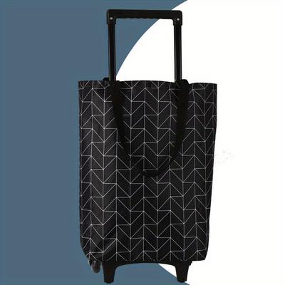 TEMU Dual-use Foldable Shopping Cart With Wheels - Lightweight, Portable Trolley Bag For Groceries & More, Black With White Geometric Pattern, 40 Lbs Capacity, Shopping Bags Image