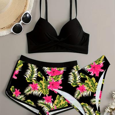 TEMU Women's High-stretch Floral Print 3pcs Swimsuit Set With Push-, -back Bottoms & Cover-up Skirt - Machine Washable Image