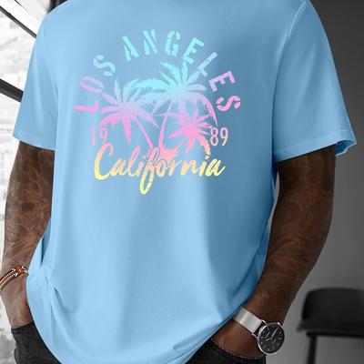 "TEMU Men's Casual Summer T-shirt - "los Angeles California 1989" Graphic, Short Sleeve, Light Blue, Polyester, Round Neck, Casual Wear, Casual Summer Wear | Graphic Tee | Knit Texture, Plus Size" Image
