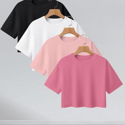 TEMU Women's D10 Four-piece Set: Solid Color Loose Round Neck Short Sleeve T-shirt, Stretchy Ribbed Tee, Versatile Casual Top Women's Clothing Image