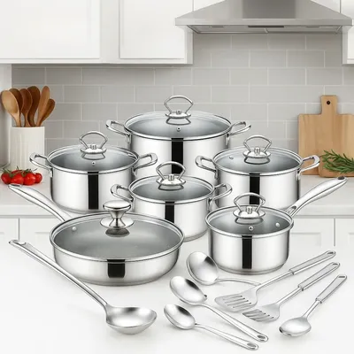 15pcs 3-Ply Stainless Steel Pots and Pans Set Kitchen Cookware Sets with Glass Lids, Stay-Cool