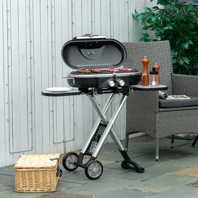 Outsunny Foldable 2 Burner Gas BBQ Grill Trolley w/ Side Shelves Storage Pocket