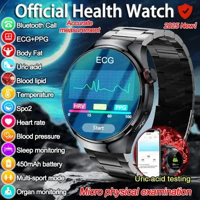 2025 For HUAWEI Precise ECG+PPG Uric acid HD Smart Watch Men Blood lipids Heart Rate Blood pressure Sport Call Health Smartwatch