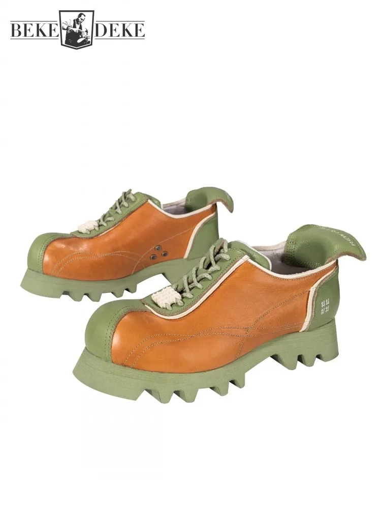 Vintage Männer gemischte Farben Design handgemachte Echt leder Kleid Schuhe dicken Boden runde Zehen Vintage Business Casual Derby Schuhe