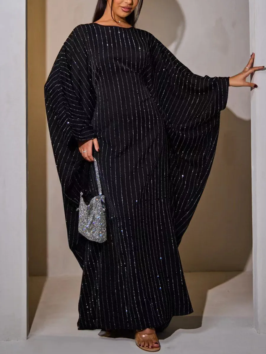 Muslimische Frauen Dubai Luxus Abaya Kaftan Lose hot fix strass Fledermaus Ärmel Langes Kleid Ramadan Robe Femme Islam Abendkleider Image