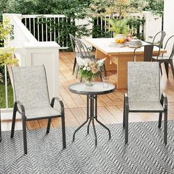 Tbboys 3 Pieces Outdoor Bistro Set Small Patio Set with Stackable Mesh Chairs and Glass Top Table High Back Patio Furniture Set for Backyard Balcony Garden Gray