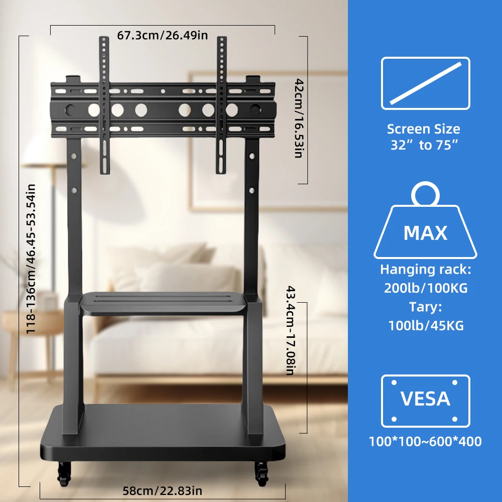 Chariot TV mobile, meuble TV roulant pour téléviseurs 32-75 pouces avec roue verrouillable, meuble TV réglable en hauteur avec roues Max VESA 600x400mm