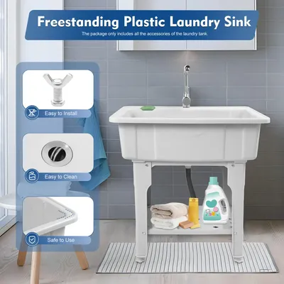 Multi-functional Plastic Laundry Sink, Ergonomic 31.5in Height, Pet Bath, Storage Rack, Gray Modern