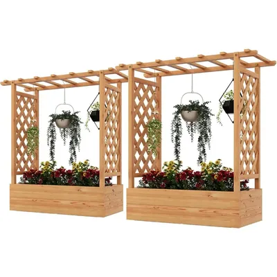 Raised Garden Bed with Trellis, 2 Pack Freestanding Wood Planter Box w/Hanging Roof & 4 Drainage