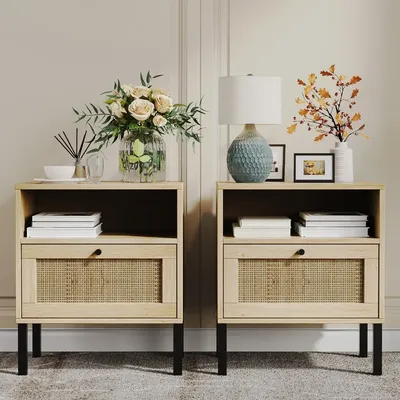 Rattan Nightstand Set of 2, End Table,Boho Bedside Table with 1 Hand Made Decorated Door for Living