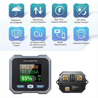 Smart Battery Monitor with Shunt 1.8in LCD Display Bluetooth-compatible Voltmeter Ammeter Voltage
