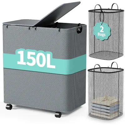 150L Laundry Hamper with Wheels, Rolling Laundry Basket with Lid and 2 Removable Laundry Bag, Large