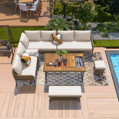 6 Piece Outdoor Sectional Sofa Set with Acacia Wood Table with Ice Box