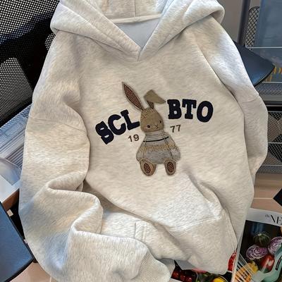 TEMU Casual Cartoon Rabbit Graphic Hoodie For Women - Polyester Blend Knit Fabric, Hooded Sweatshirt With Pocket, Comfortable Stretch, Fall/winter Season, Relaxed Fit Image