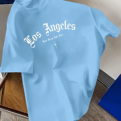 TEMU Men's Los Angeles Graphic Tee - Casual & Versatile, Stretchy Polyester Blend, Round Neck, Short Sleeve T-shirt With Geometric Pattern, Ideal For Summer Image
