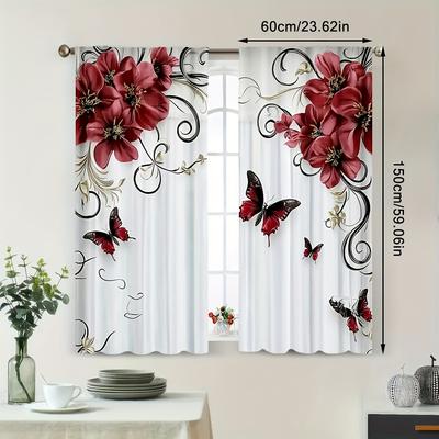 TEMU 2pcs Elegant Red Flowers & Golden Butterflies Print Curtains - 100% Polyester, Light-filtering, Machine Washable For Bedroom, Office, Kitchen, Living Room & Study - Rod , Curtains For Living Room Image