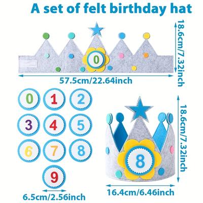 TEMU 1set, Blue Felt Crown Birthday Hat, With Interchangeable Numbers 0-9, Adjustable Felt Birthday Crowns, Birthday Party Decor Felt Birthday Hat, Hats, Happy Birthday Decoration Image