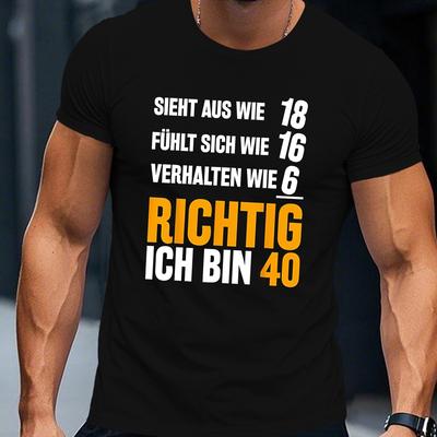 "TEMU Men's Humorous German Quote T-shirt - "ages Milestone" Casual Crew Neck Tee, Breathable Fabric, Regular Fit For Summer, Geometric Pattern, Adult Sizes" Image