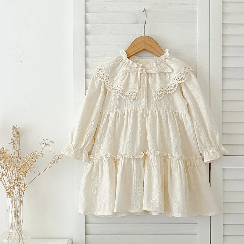 Baby Mädchen Kleid Mädchen süßes Mädchen Kleid Rüschen besatz Langarm Kleid Spitze Kragen ausgehen Freizeit kleider Geschenk kleine Kleidung Image