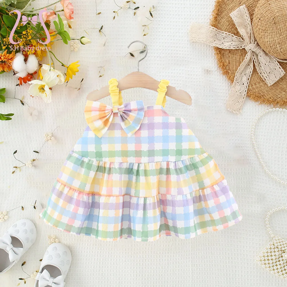 0-4 Jahre Kleinkinder Kostüm Bunte Kinder Sommerkleid Süße Schleife Kind Kleider Polka Dots Plaid Baby Mädchen Ärmellose Kleidung Kleinkind Image