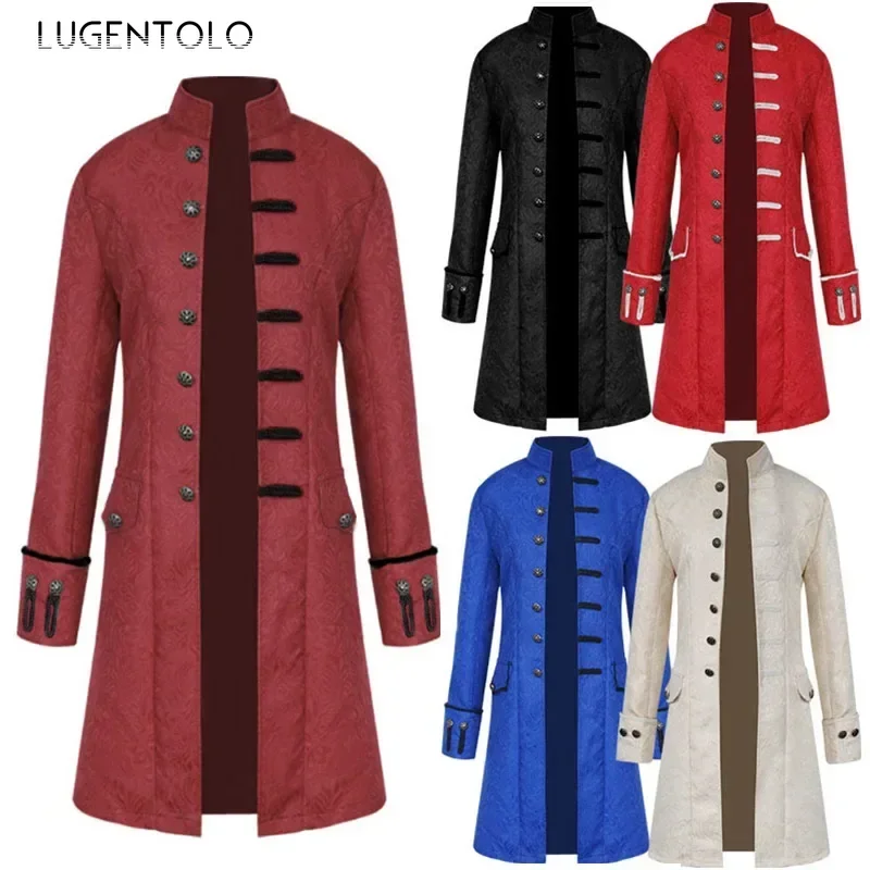 Männer Mittelalterlichen Graben Retro Mantel einreiher Uniform Gothic Stehkragen Renaissance Jacquard Outwear Halloween Kostüm Image