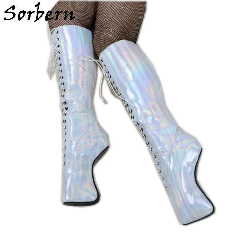 Sorbern Weiße Holo-Streifen, Cosplay-Schuhe, Kunst-Performance-Stiefel, Drag Queen-Toe, schmerzvolle Stiefel im Ballett-Huf-Stil, kniehohe Schnürung