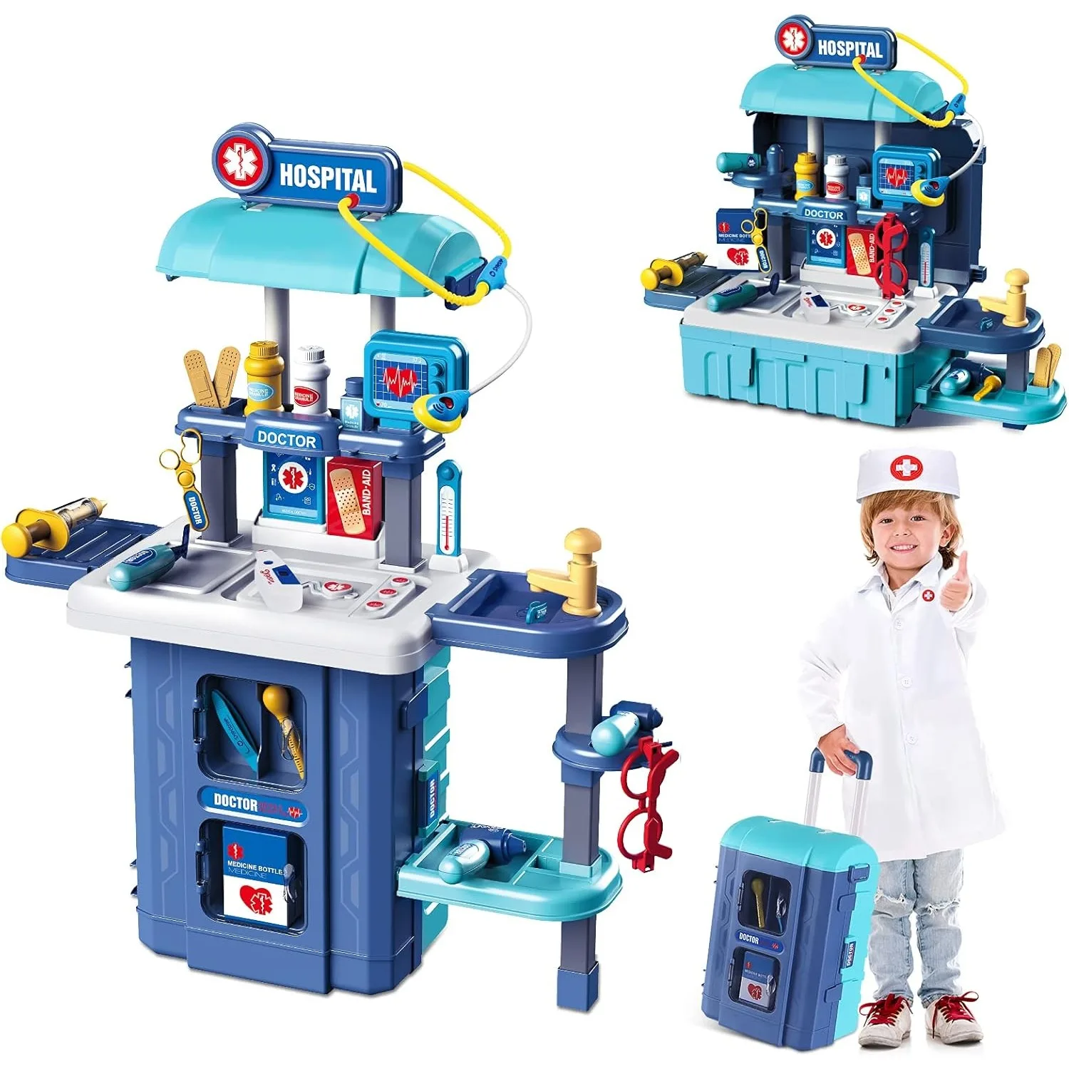 Spielzeug-Doktor-Set für Kinder, Rollenspiel-Doktor-Set, Trolley-Koffer mit Stethoskop, Anzieh-Doktor-Kostüm, medizinisches Set für Jungen und Mädchen Image