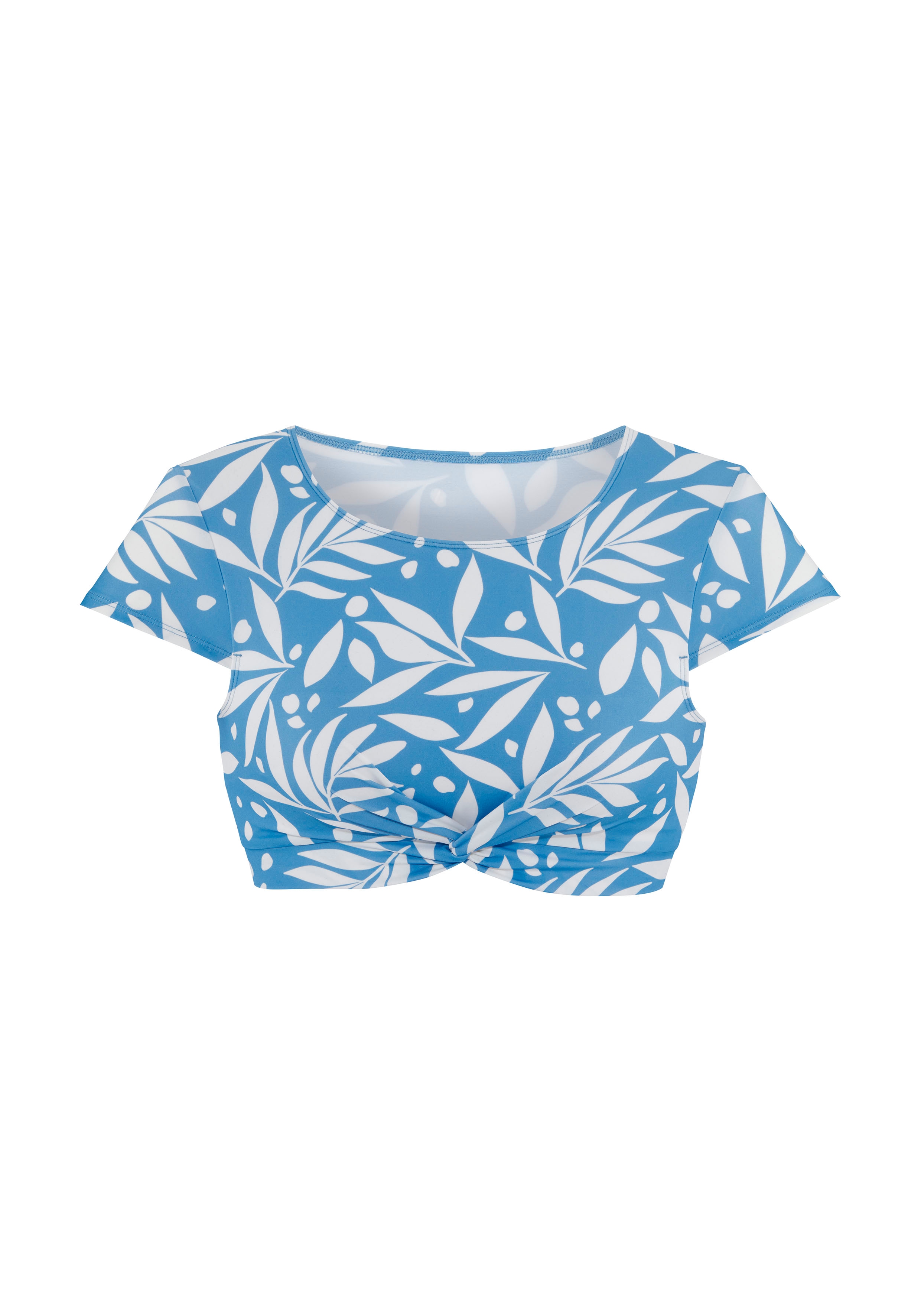 Crop-Bikini-Top LASCANA ACTIVE "Lia", Damen, Gr. 40, Cup C/D, weiß (blau weiß bedruckt), Recycling-Polyamid, bedruckt, Bikini-Oberteile, mit Knotenoptik vorn Image