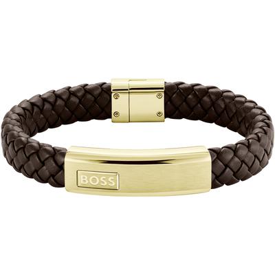 Lederarmband BOSS "LANDER, 1580746M" Gr. M, braun (gelbgoldfarben, braun), Armbänder, Herren, M, Edelstahl-Leder, Edelstahl, Leder Image