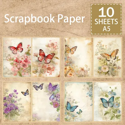 10 Sheets A5 Size Colorful Butterfly Flowers Background Vintage Grunge Journal Planning Scrapbooking