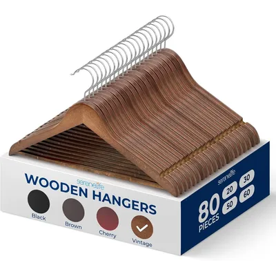 80-Pack Wooden Coat Hangers – Durable Suit Hangers with 360° Swivel Hook & Notches – Slim Design for
