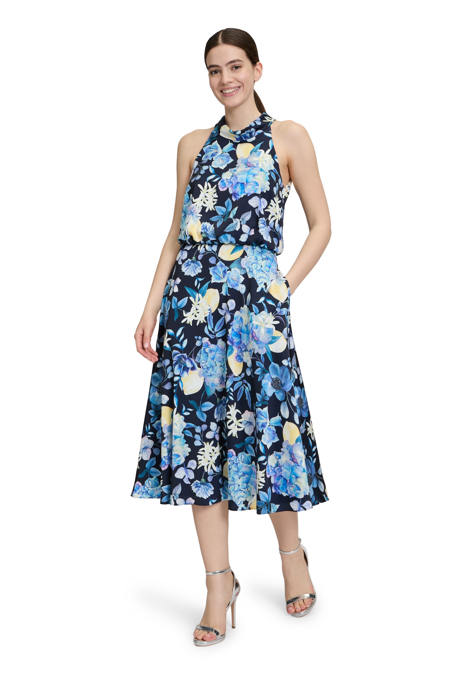 Cocktailkleid VERA MONT "Damen Cocktailkleid mit Stehkragen", Damen, Gr. 38, Normalgrößen, blau (dunkelblau, blau), Satin, Obermaterial: 100% Polyester. Futter: 100% Polyester., festlich, figurumspielend kurz, Wasserfallausschnitt, Kleider, Druck Image