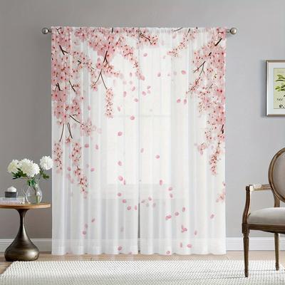 TEMU 2-pack Cherry Sheer Curtains - Pink Floral Print, Rod , Lightweight Polyester Fabric, Romantic Decor For Living Room & Bedroom, Washable, Decorative Window Treatment | Smooth Texture Fabric Image