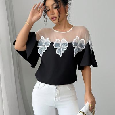 TEMU Women's Elegant Floral Mesh Blouse With Short Sleeves - Black And White, Off-shoulder Design, Spring/summer, Casual Attire, Casual Attire|floral Pattern Top|elegant Offshoulder Style Image