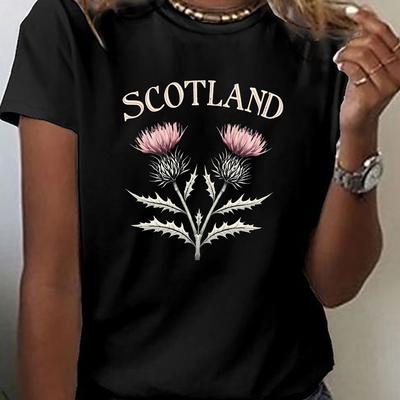 TEMU Women's Scotland Thistle Graphic Print T-shirt - Short Sleeve Crew Neck Casual Top, Breathable Medium Stretch Fabric, Machine Washable Regular Fit For Summer & Spring Image
