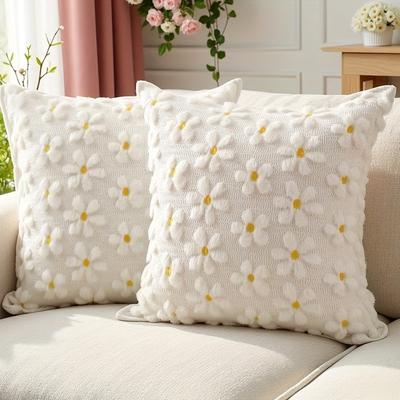 TEMU 1pc Rustic Floral Embroidered Plush Pillow Cover, 18x18 Inch - 3d Daisy Design In White With Yellow , Zippered, Machine Washable - Ideal For Home Decor, Insert Not Included, Decorative Pillow Image