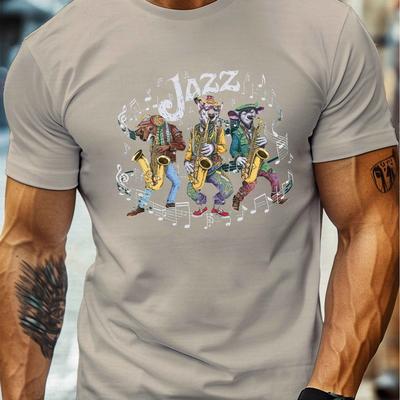 TEMU Jazz Saxophone Graphic, Men's Short Sleeve Crew Neck T-shirt, A Comfortable And Lightweight Casual Top For Summer. Image