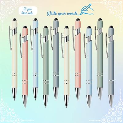 TEMU 12pcs Morandi Color Metal Ballpoint Pens, Blue Ink, Smooth Writing, Touchscreen Stylus, Non-slip Design, Ideal For Students And Office Use, Perfect Gift For Holidays Image
