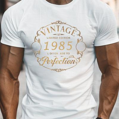 TEMU Men' 1985 Print T-shirt, Casual Crew Neck Short Sleeve Top, 100% Polyester Knit Fabric, Stretch, Regular Fit, Summer Lightweight Tee Image