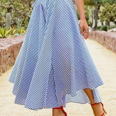 TEMU Women's Elegant Striped A-line Midi Skirt With Belt Detail - Blue And White, Flowing , Fashion Skirt|elegant A-line Skirt| Flowing Skirt, A-line Skirt Image