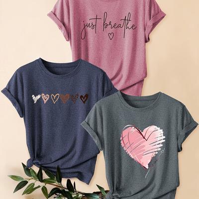TEMU A Set Of Stylish Vintage Women's Casual Sports Tops With A Round Neck And Short Sleeves, Featuring A Pink Heart Print, Suitable For Spring, Autumn, And Winter. Image