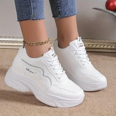 TEMU Women' White Sneakers With Chunky Soles - Breathable, Lace-up Athletic Shoes For Casual And Sporty Wear, , Casual Athletic Shoes|chunky Sole Sneakers|durable Athletic Shoes Image