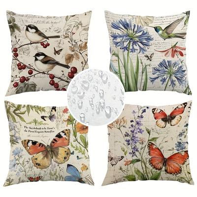 TEMU 4pcs Vibrant & Bird Floral Cushion Covers - Polyester, Zip Closure, Machine Washable, Ideal For Outdoor Garden, Beach, Park Chairs, Garden Decor | Vibrant Cushion Covers | Zippered Cushion Covers Image
