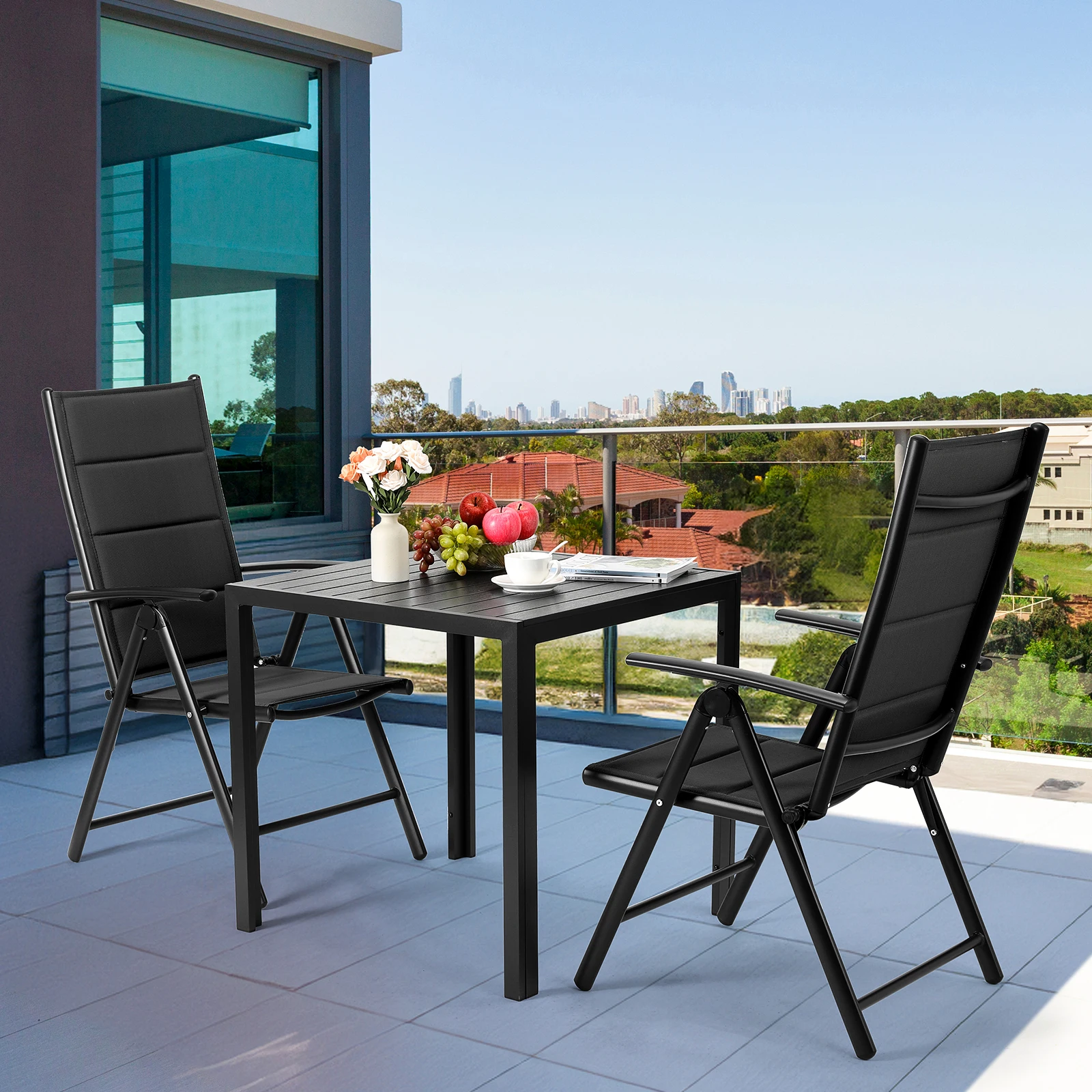 Aluminium Lounge faltbare Gartenstuhl-Rückenlehne mit 7 verstellbaren Einstellungen, mit Armlehnen, wetterfeste Outdoor-Stühle schwarz, grau