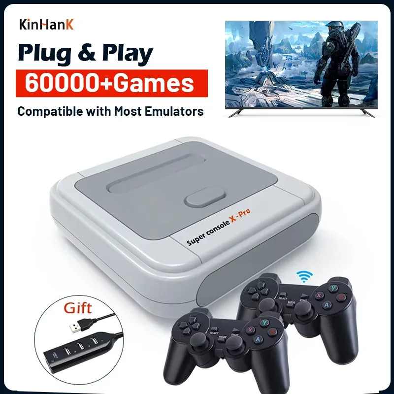 KINHANK Super Console X Pro Retro-Spielekonsole, unterstützt 50 Emulatoren, 60000 Videospiele für DC/MAME/Naomi mit Gamepads, Geschenk für Kinder