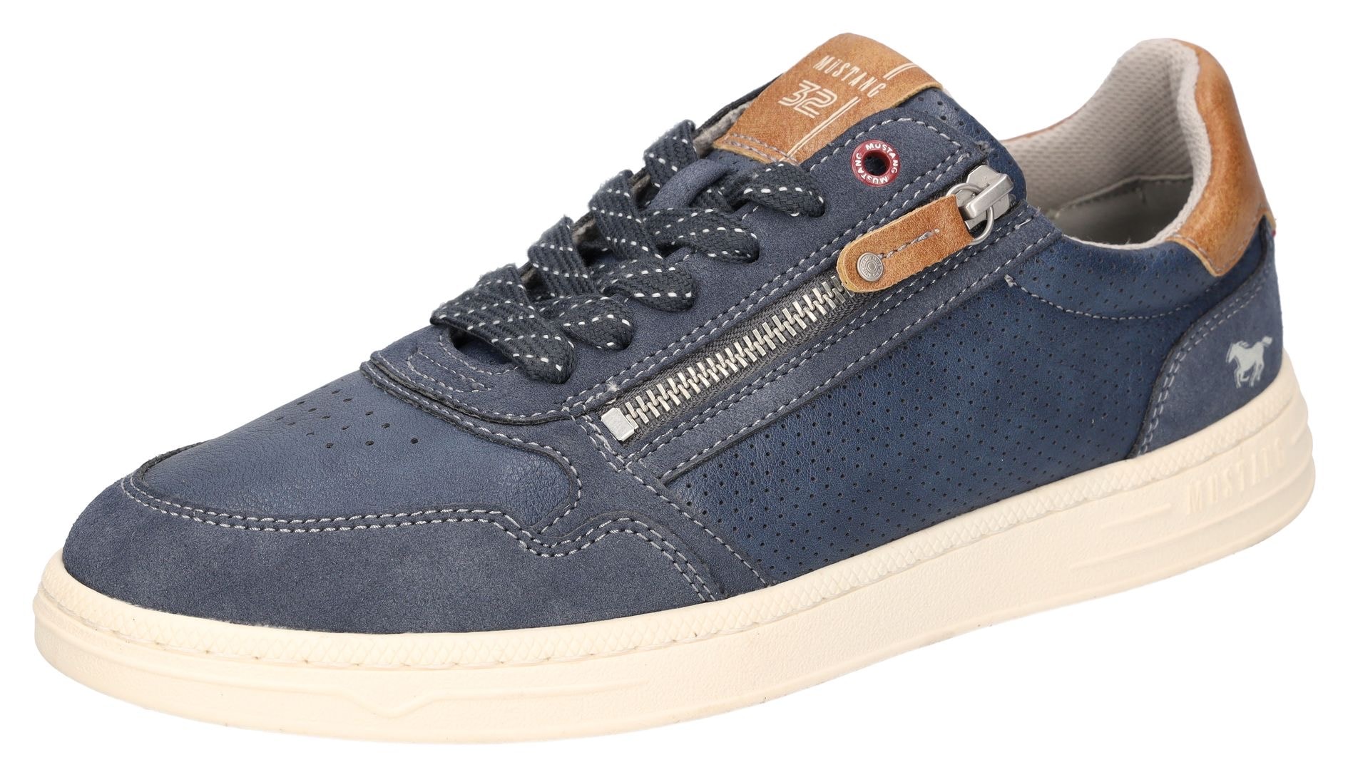 Sneaker MUSTANG SHOES, Herren, Gr. 44, blau (dunkelblau), Lederimitat, kontrastfarbene Details, Schuhe Sneaker, Schnürschuh, Freizeitschuh mit Perforation