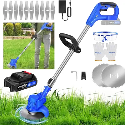 DayPlus Metal Blade Cordless Strimmer 21V Grass Trimmers With 10 Metal Blades 125mm Cutting Diameter for Lawn Garden (1 Battery)