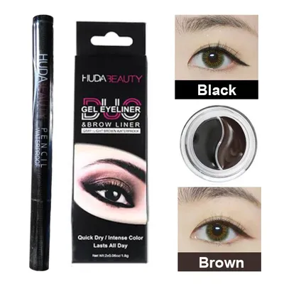 Black Brown 2 in 1 HUDA Solid Eyeliner Gel Liquid Eyeliner Eye Makeup Set Eyeliner Waterproof Long