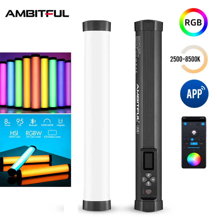 Ambitful a2 rgb 2500-8500k rgb led video stick röhren licht, cri 95 tlci 97, eingebaute app lithium batterie magnetische funktion Image